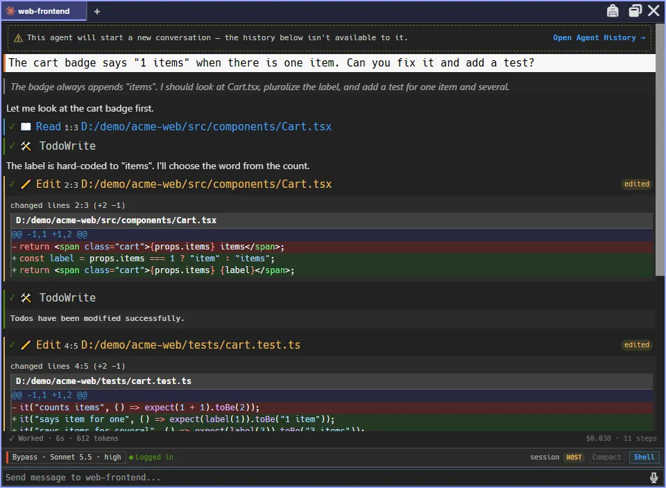 The start of a turn: the message, the agent's thinking, a file read, its todo list, and two edits shown as diffs