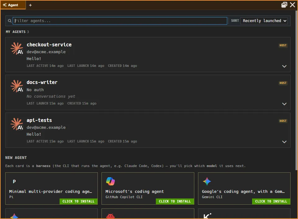 The agent picker: three agents under My Agents, each with its account and last message, and the New Agent cards below