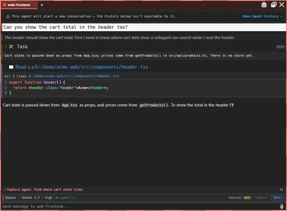 A turn in progress: a subagent's result, a file read, the reply streaming in, and the working row with the subagent's task and a timer