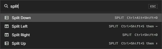 The command palette filtered by "split": Split Down, Split Left, Split Right and Split Up