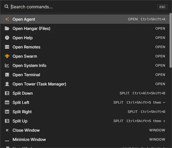 The command palette before typing: a search box and the list of commands, each with its category and shortcut