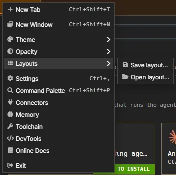 The Layouts submenu: Save layout… and Open layout…