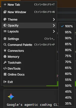 The hamburger menu's Opacity submenu: 100% down to 35% in 5% steps, the current value checked