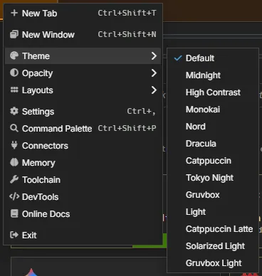The Theme submenu: the dark themes, then the light ones, with the current theme checked