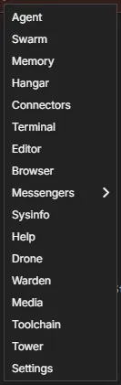 A pane's + menu: one entry per widget type, from Agent to Settings