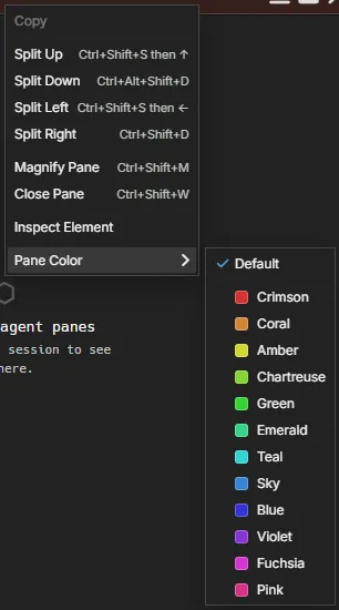 A pane's right-click menu with Pane Color open: Default, then Crimson, Coral, Amber, Chartreuse, Green, Emerald, Teal, Sky, Blue, Violet, Fuchsia and Pink