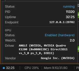 The backend panel: status running, PID, uptime and endpoint, and the GPU section with WebGL and driver