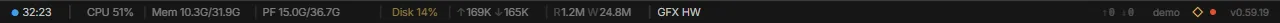 The status bar: uptime, CPU, memory, page file, disk, network and disk activity, graphics mode, token usage, host name and version