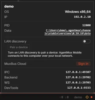 The host panel: OS, IP, PID and data folder; LAN discovery switched off with Pair a device; MuxBus Cloud with Sign in; and the IPC, backend, WS and DevTools endpoints