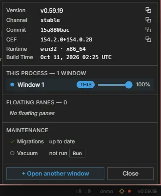 The instance panel: version, channel, commit, CEF, runtime and build time; this process's window with its opacity slider; floating panes; maintenance; and Open another window