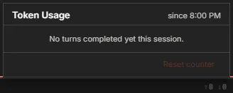 The Token Usage panel before any turn has completed, with Reset counter