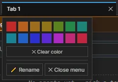 A window tab's menu: 14 tab colours, Clear color, Rename and Close menu