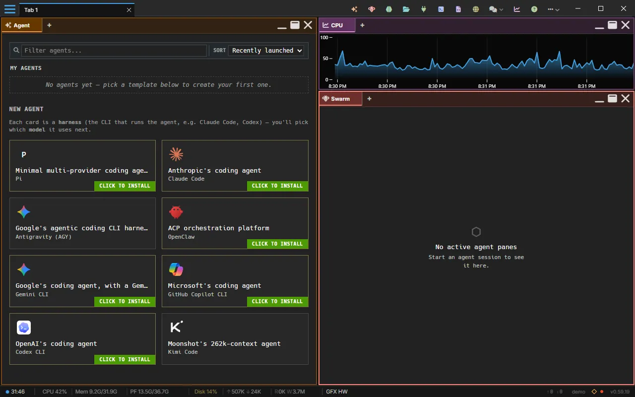 An AgentMux window: the top bar, three panes (Agent, CPU and Swarm), and the status bar