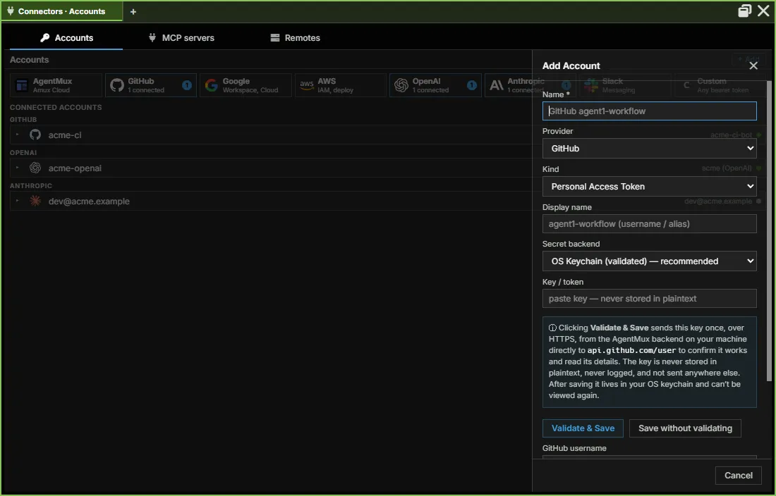 Add Account: Name, Provider, Kind, Display name, Secret backend and the key, with Validate & Save