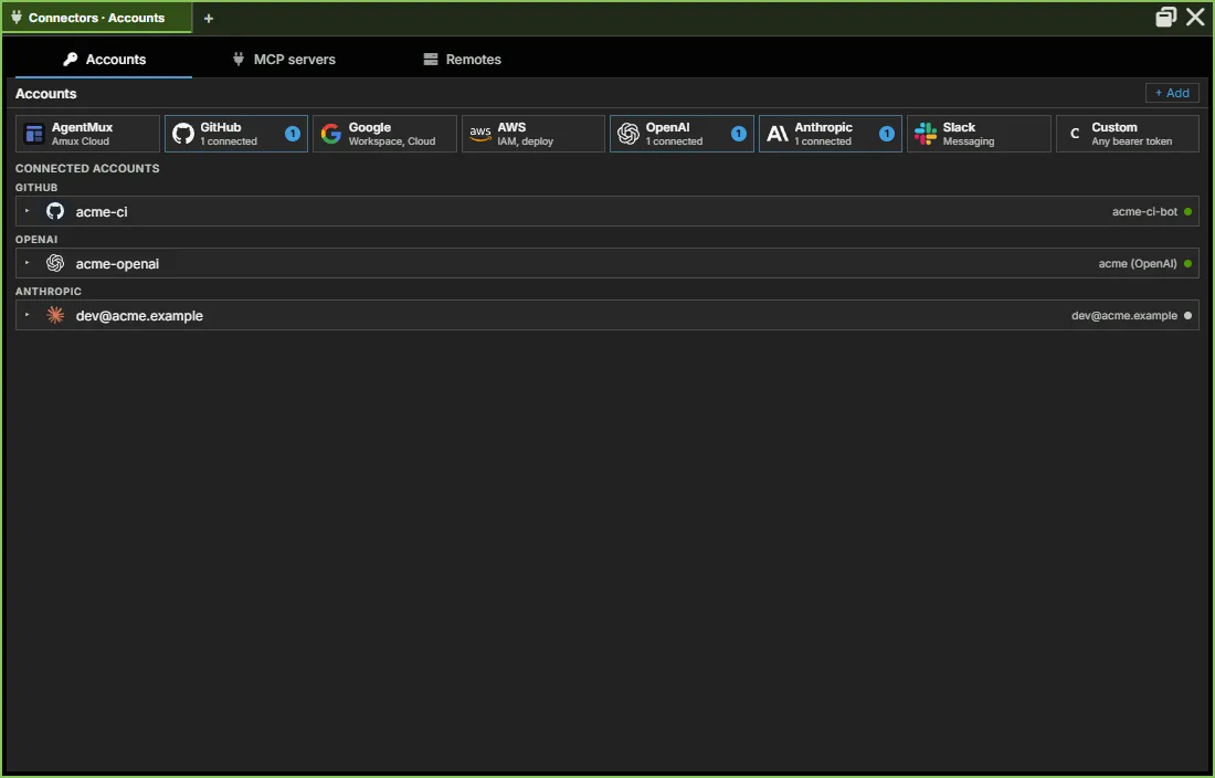 Connectors → Accounts: a tile per service with how many accounts are connected, and the connected accounts grouped by service