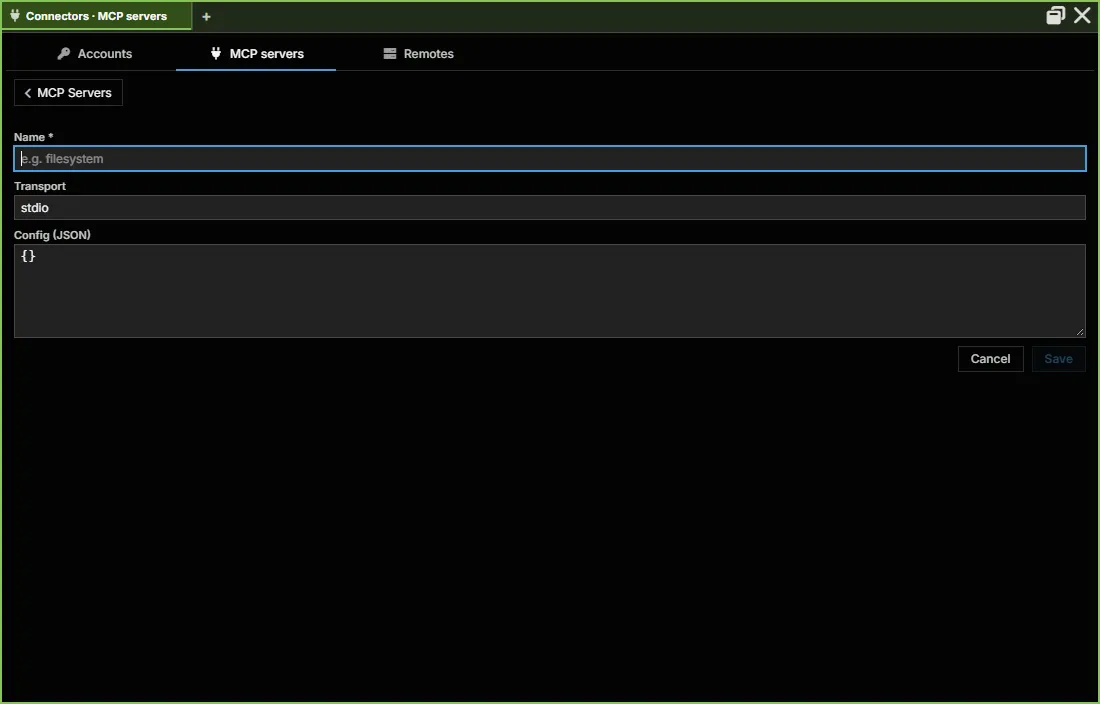 A new MCP server: its name, transport and JSON config