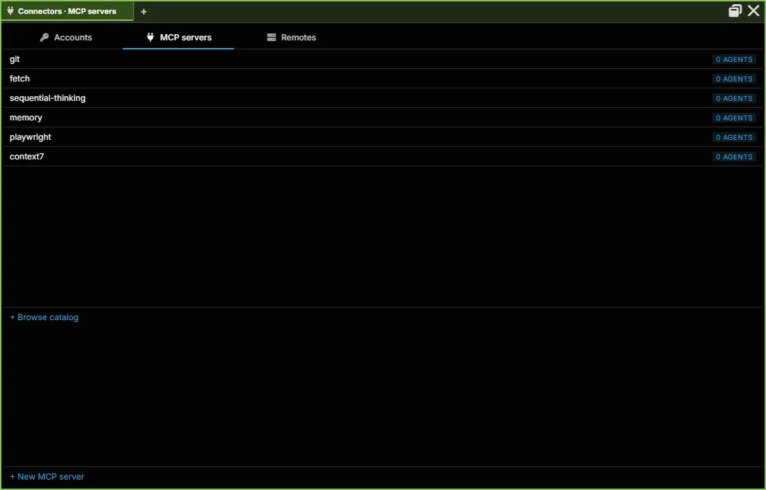 Connectors → MCP servers: the servers AgentMux comes with, how many agents use each, + Browse catalog and + New MCP server