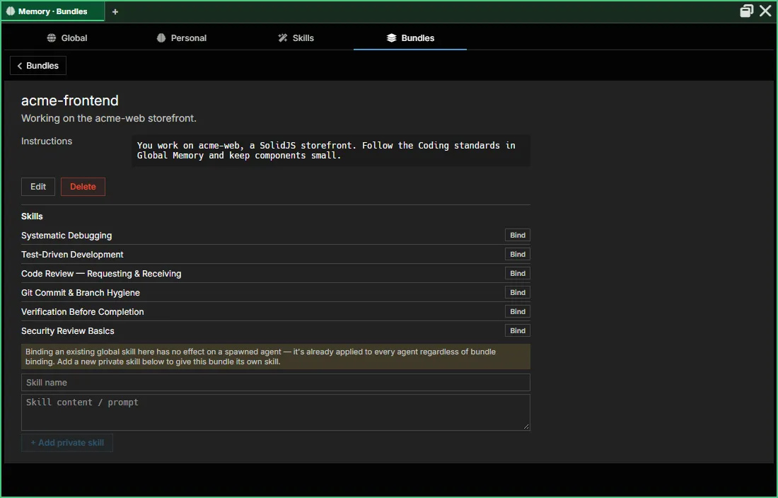 A bundle opened: its description, instructions, Edit and Delete, and its skills