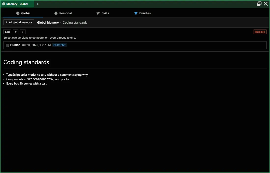 A Global Memory entry opened: Edit, move up and down, Remove, its versions, and its text