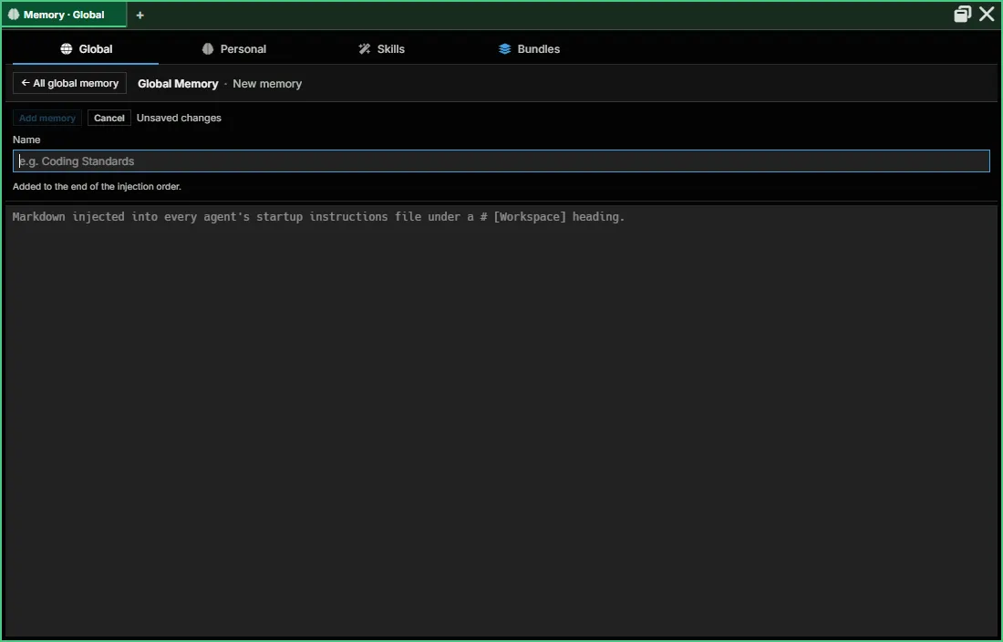 A new Global Memory entry: a name, and the Markdown every agent gets under a Workspace heading