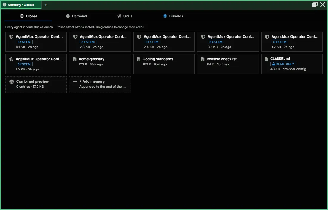 Memory → Global: AgentMux's system entries, three of your own entries, the read-only CLAUDE.md, Combined preview and + Add memory