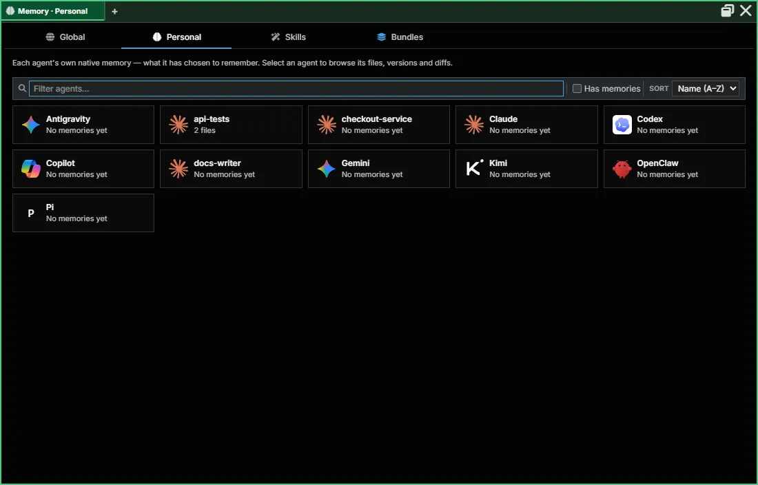 Memory → Personal: a card per agent with how many memory files it has, a filter and Has memories