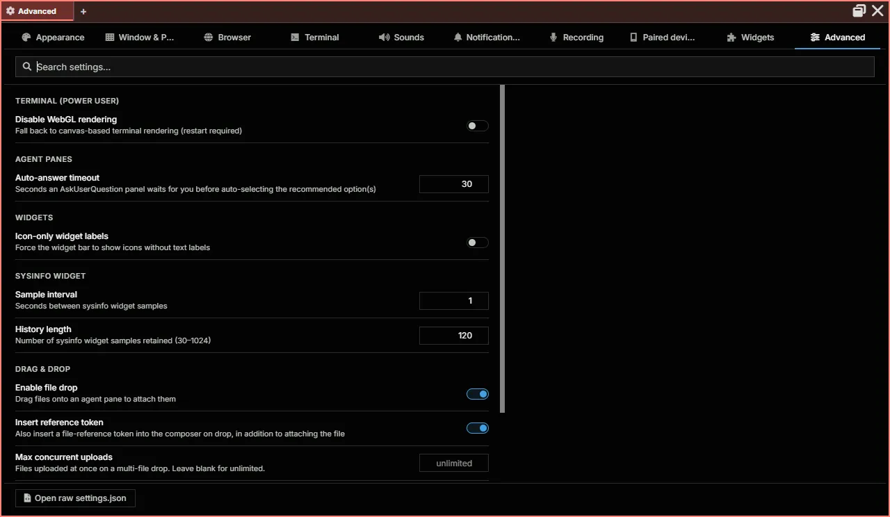 Settings, Advanced tab