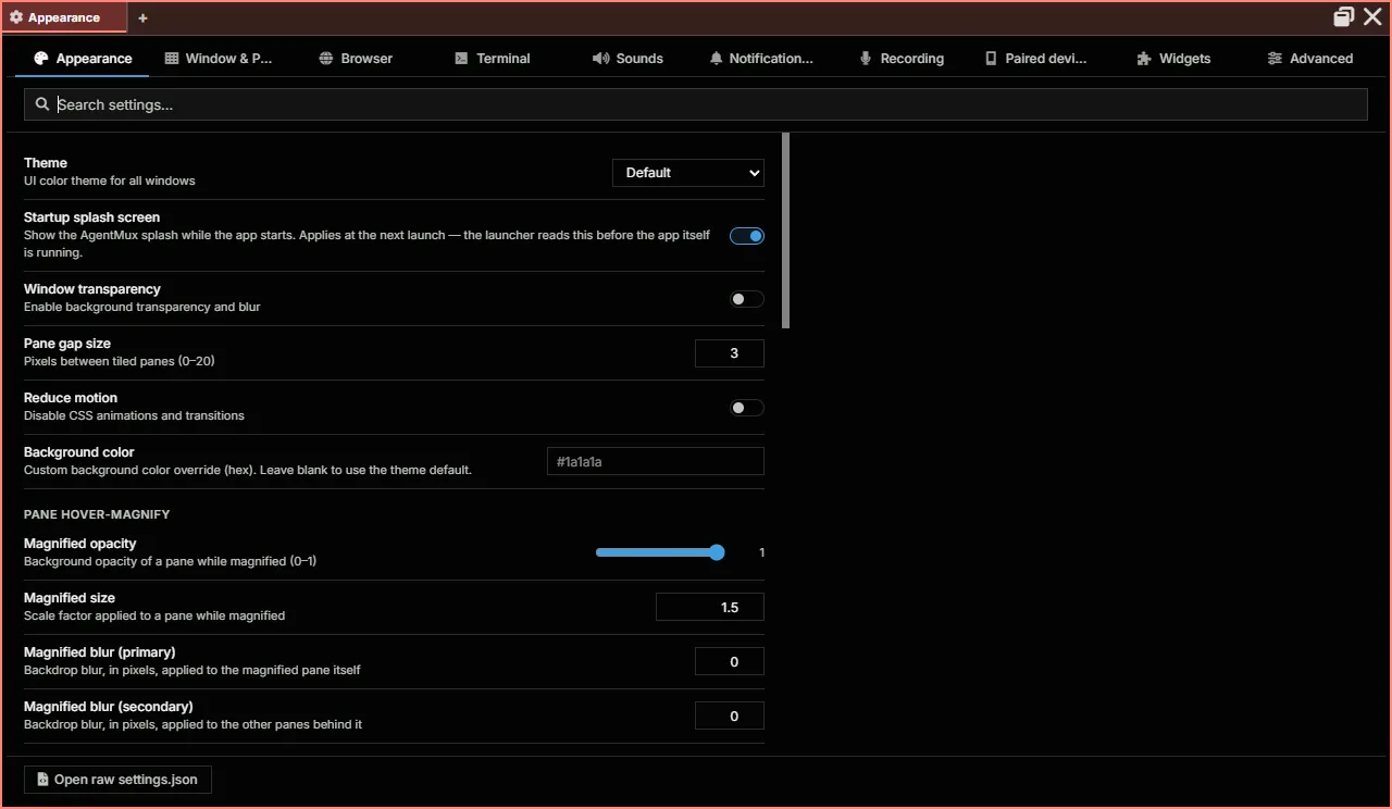 Settings, Appearance tab