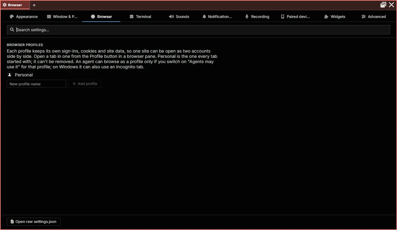 Settings, Browser tab: the browser profiles