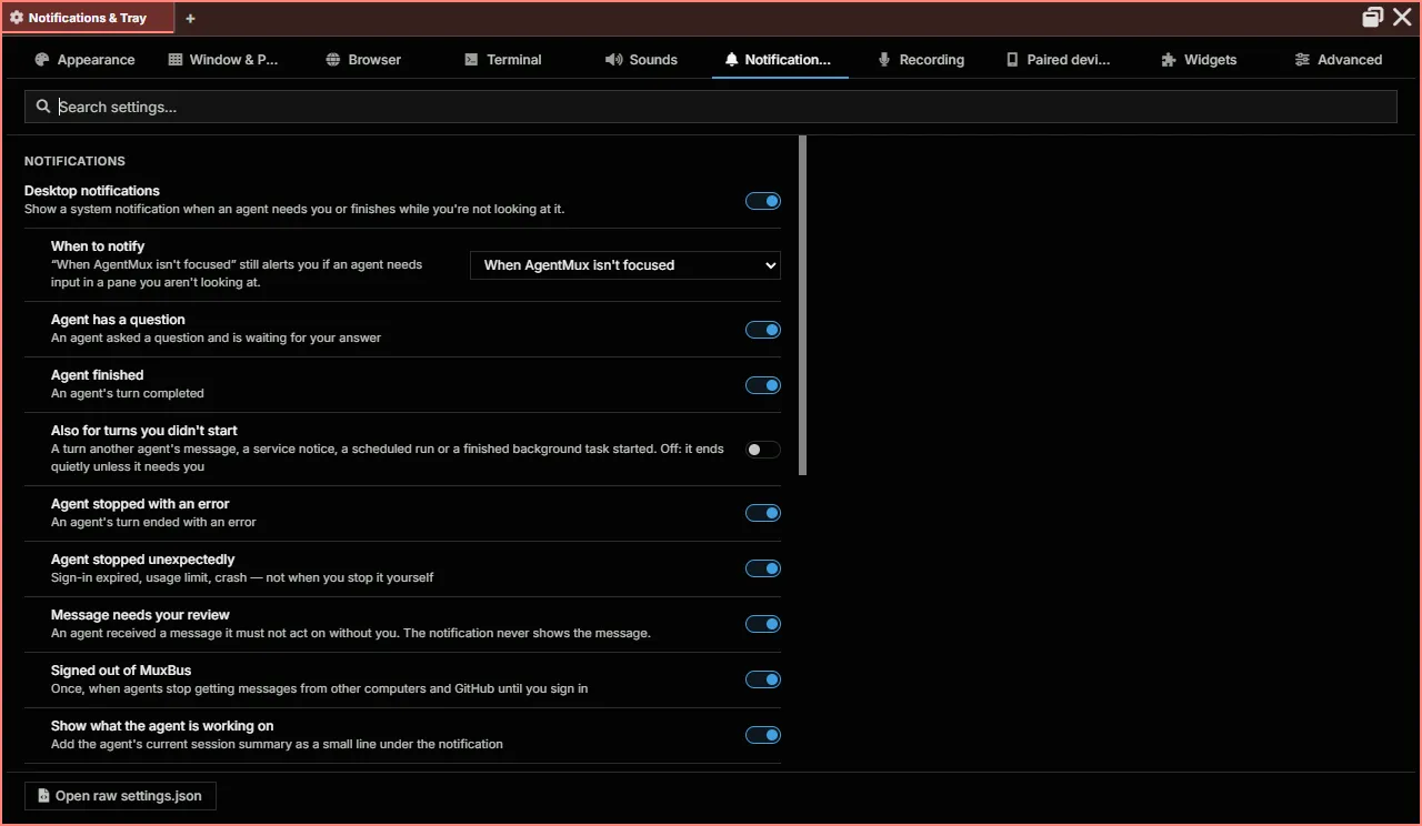 Settings, Notifications & Tray tab