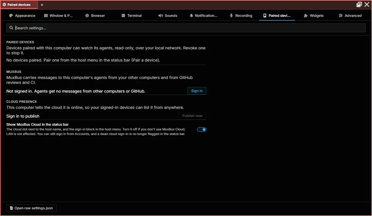 Settings, Paired devices tab