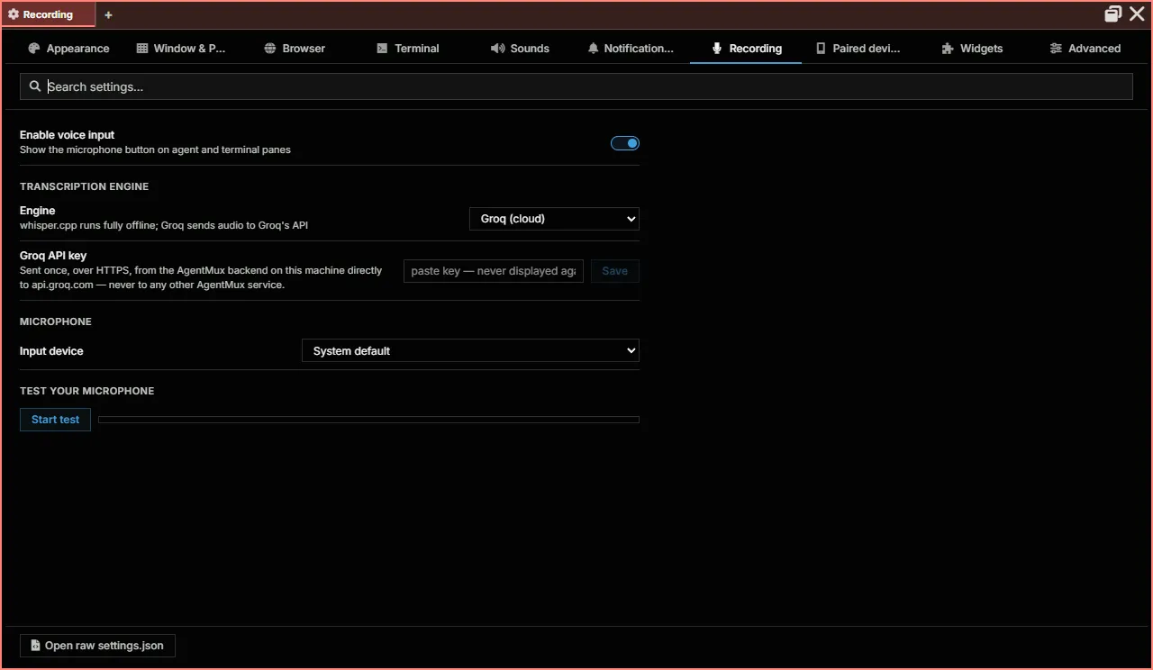 Settings, Recording tab