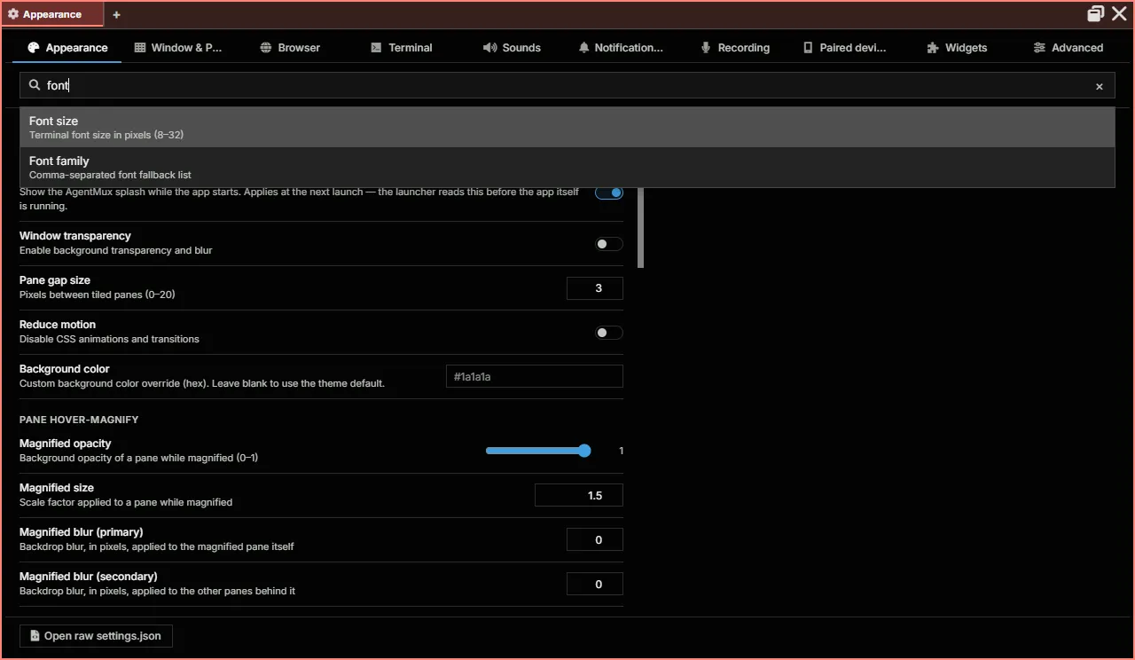 Searching Settings for "font": Font size and Font family, from the Terminal tab