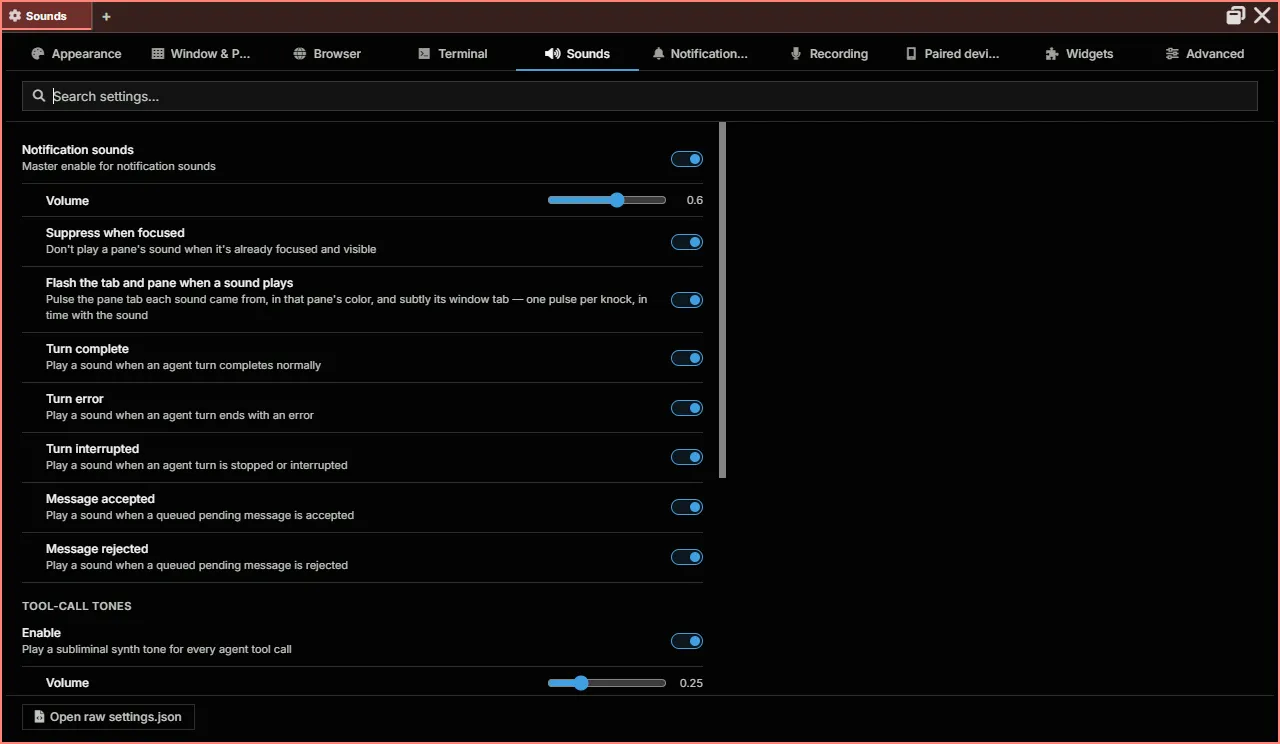 Settings, Sounds tab