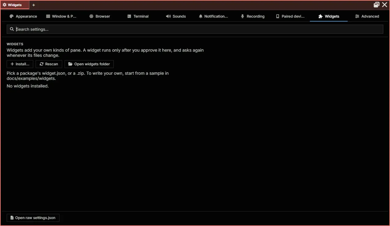 Settings, Widgets tab