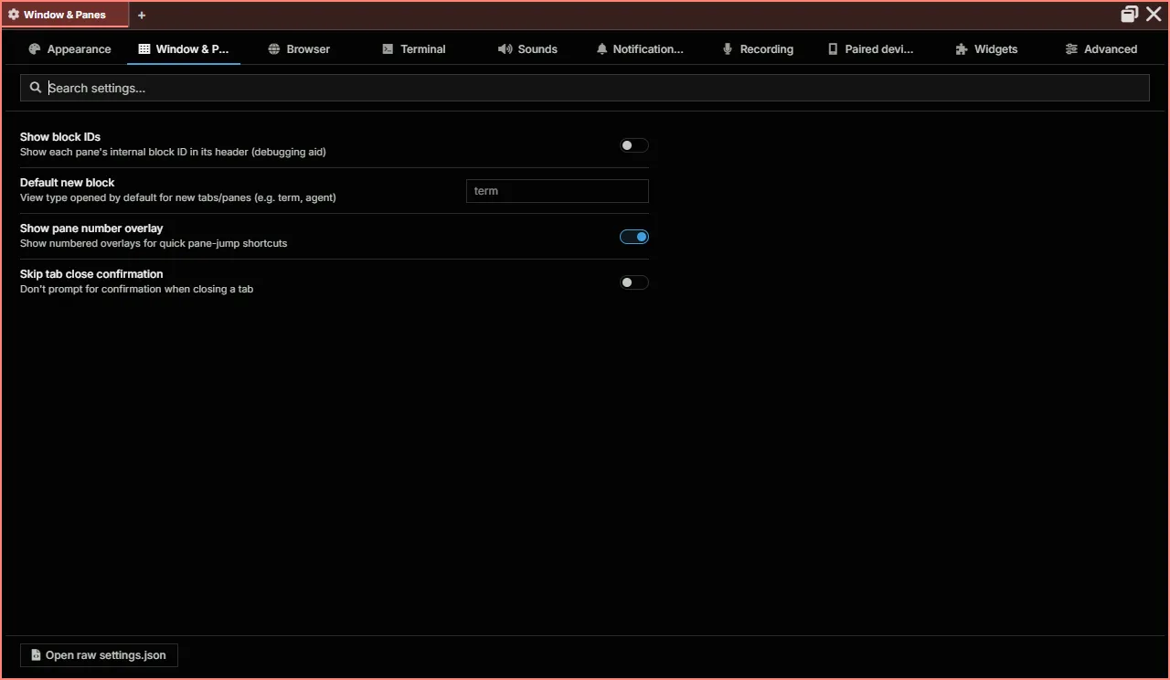 Settings, Window & Panes tab