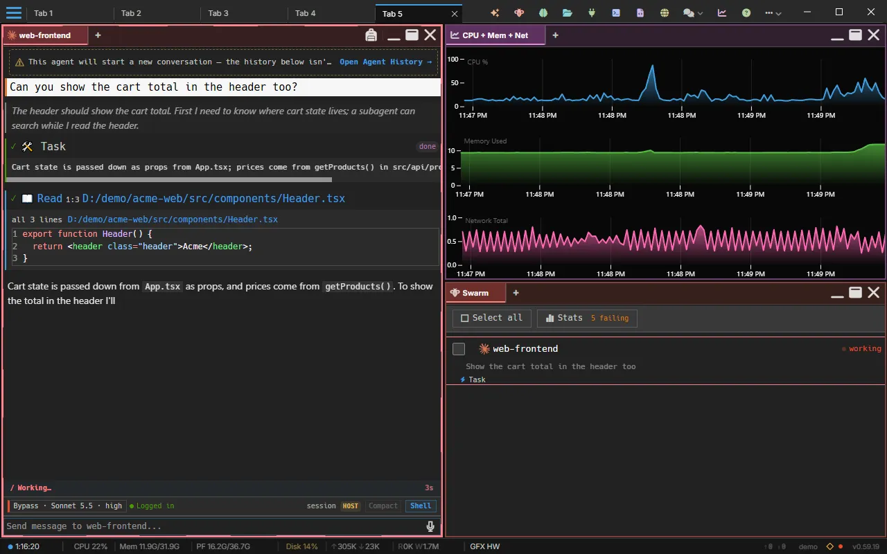 An agent mid-turn beside Swarm, which shows it working, with its message and current step