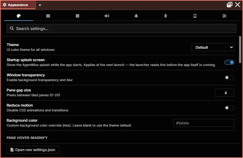The Settings widget when it first opens